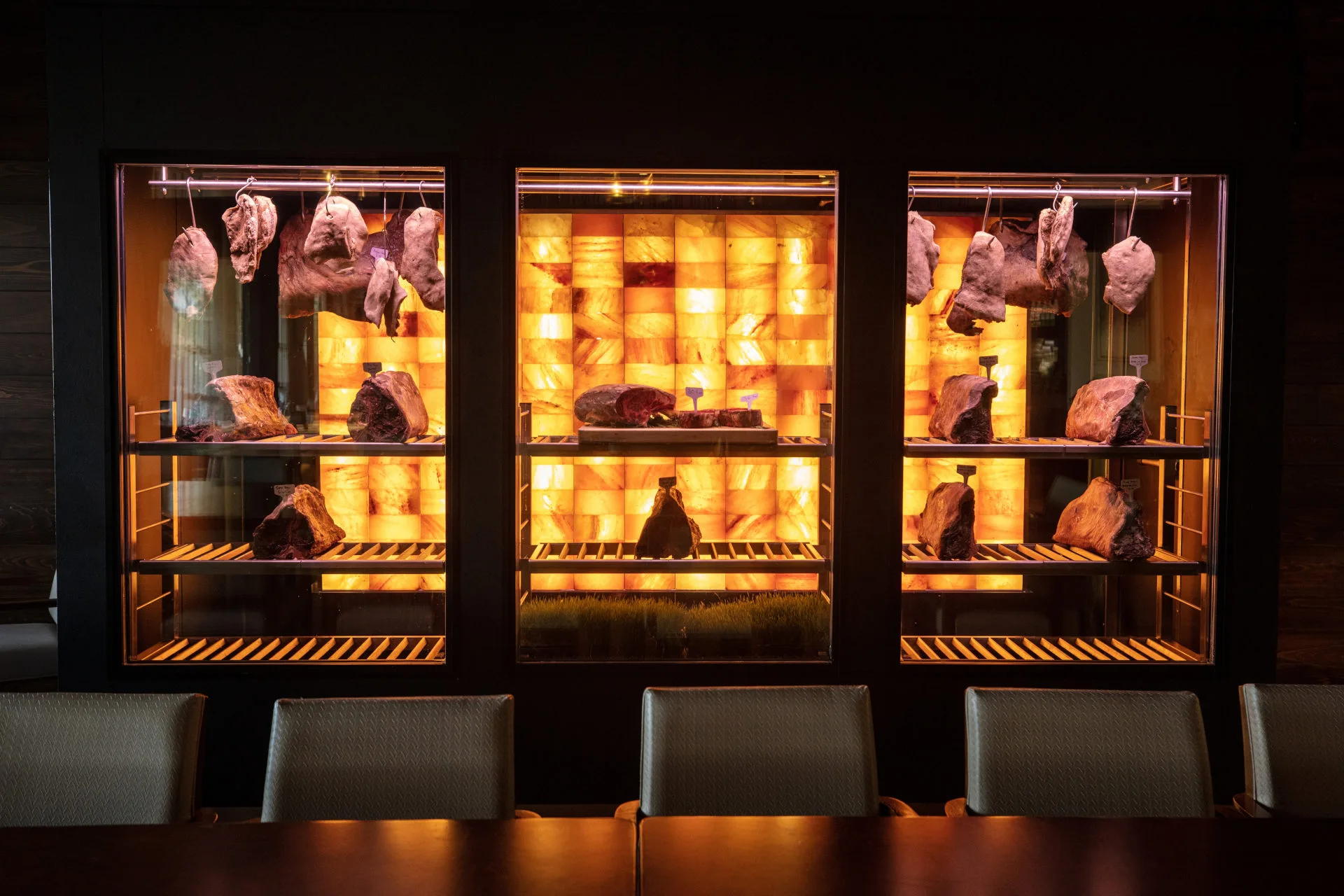 The Aging Room. Premium Meat Dry-Aging Walk-in Chamber in Black. Installation is in 27 WEST Italian Steakhouse at The Club of Admirals Cove, Jupiter, FL, USA.